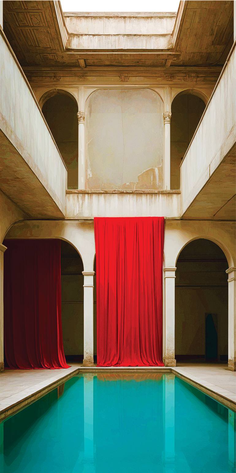 Original Architecture Printmaking by Andreas Ritter  Surrealism Art on Acrylic  RED curtain