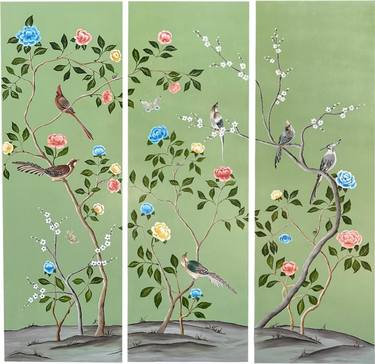 Chinoiserie green triptych on wood thumb