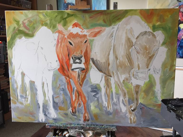 Original Expressionism Cows Painting by Garth Bayley