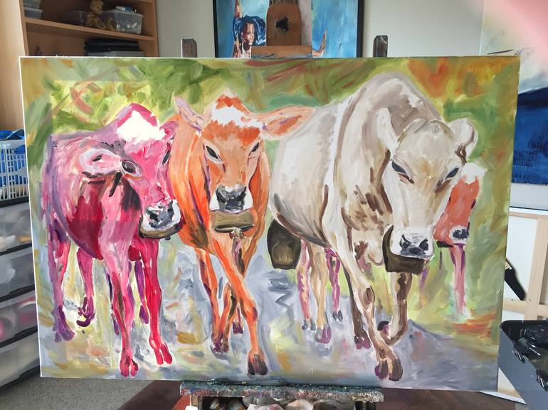 Original Expressionism Cows Painting by Garth Bayley