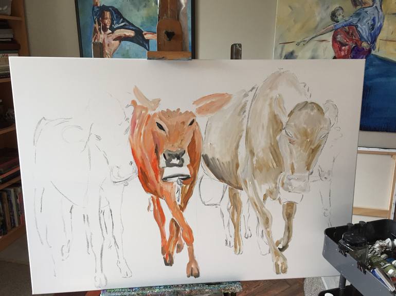 Original Expressionism Cows Painting by Garth Bayley