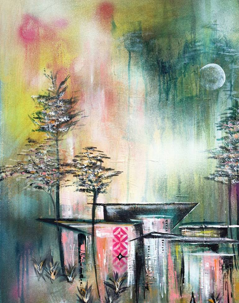 Original Abstract Architecture Mixed Media by Angela Bisson