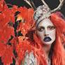From my 'portrait' series...vibrant vermillion leaves and hair , contrast with blue butterfly and lips. strange eyes , horn, a jeweled crown and bracelet complete the surreal image of 
'Mabon', she represents the pagan festival / autumnal equinox itself.

Hand cut and assembled found image collage, on acid free paper backing, ships without frame.