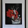 From my 'portrait' series...vibrant vermillion leaves and hair , contrast with blue butterfly and lips. strange eyes , horn, a jeweled crown and bracelet complete the surreal image of 
'Mabon', she represents the pagan festival / autumnal equinox itself.

Hand cut and assembled found image collage, on acid free paper backing, ships without frame.