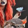 From my 'portrait' series...vibrant vermillion leaves and hair , contrast with blue butterfly and lips. strange eyes , horn, a jeweled crown and bracelet complete the surreal image of 
'Mabon', she represents the pagan festival / autumnal equinox itself.

Hand cut and assembled found image collage, on acid free paper backing, ships without frame.