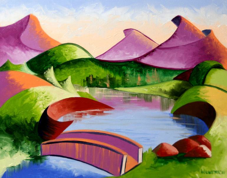 Abstract Geometric Mountain Bridge Landscape Painting by Mark 