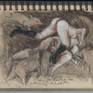 This is a study for Pentheslia and her dogs attacking Achilles, ballpoint &amp; pastel on recycled paper, 7 x 10 inches, a page of my Oscar Wilde Sketchbook.(www.warrencriswell.com/drawings/Oscar%20Wilde%20Sketchbook/oscar_wilde_index.html)