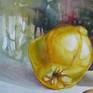 Watercolour painting of autumn fruits, quinces and walnuts.