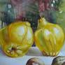 Watercolour painting of autumn fruits, quinces and walnuts.