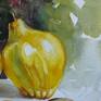 Watercolour painting of autumn fruits, quinces and walnuts.