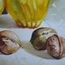 Watercolour painting of autumn fruits, quinces and walnuts.