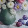 Still life painted with watercolour, flowers from my garden, pears and plums.