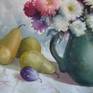 Still life painted with watercolour, flowers from my garden, pears and plums.