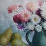 Still life painted with watercolour, flowers from my garden, pears and plums.