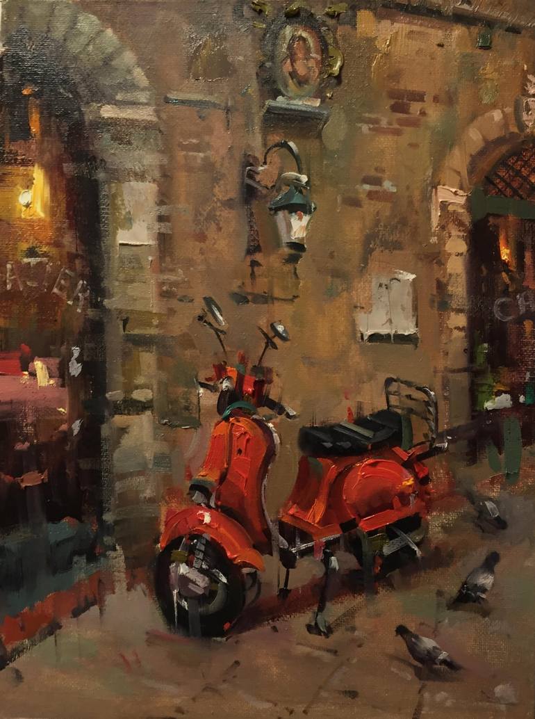 Modsætte sig Samle skuffe Red Vespa scooter Painting by Mostafa Keyhani | Saatchi Art