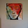 This modern portrait painting in acrylics involves the layering of colours to create interesting colour effects, from muted greens and blues to vibrant reds and oranges. Black creates depth, definition and contrast, adding to the vibrancy of the colours. The edges of the canvas are painted white. Wired and ready to hang.