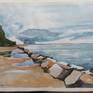Eine Aquarellzeichnung mit Seelandschaft, Meerblick der Ostsee. Watercolor drawing with seascape of the Baltic sea. Paper about 150 g / sqm, format about 25x35cm. Original, hand painted.
