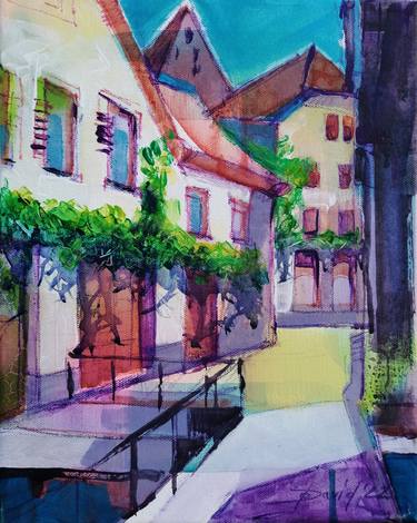 Narrow alley in the French city, acrylic painting   small format thumb