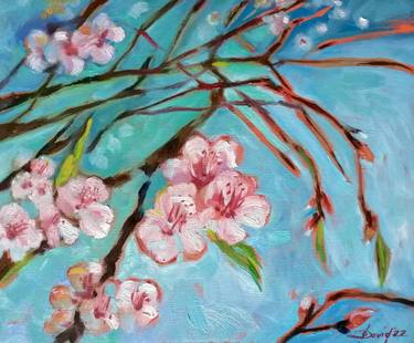 Almond blossom small painting on wood thumb