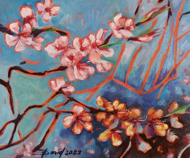 Almond blossom small painting on wood panel thumb