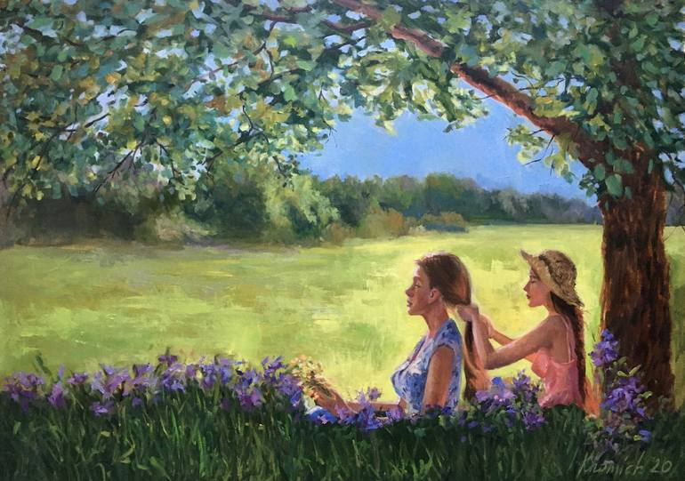 Relax time under green tree Israeli art realistic landscape