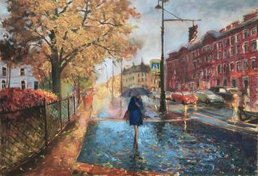 Evening at the rainy city, London cityscape painting thumb
