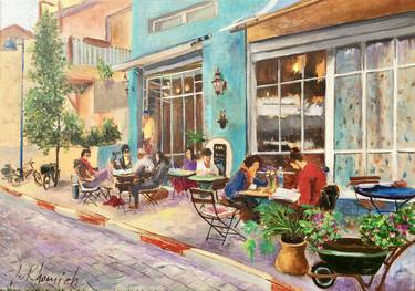 Street Jaffa Cafe, original oil painting thumb