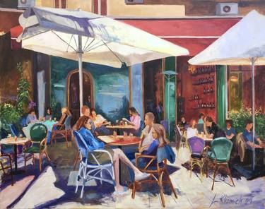 TLV south Tel Aviv Cafe, people eating, figurative oil painting thumb