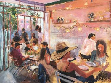 Tlv cafe painting, People eating, Israel 2022 thumb