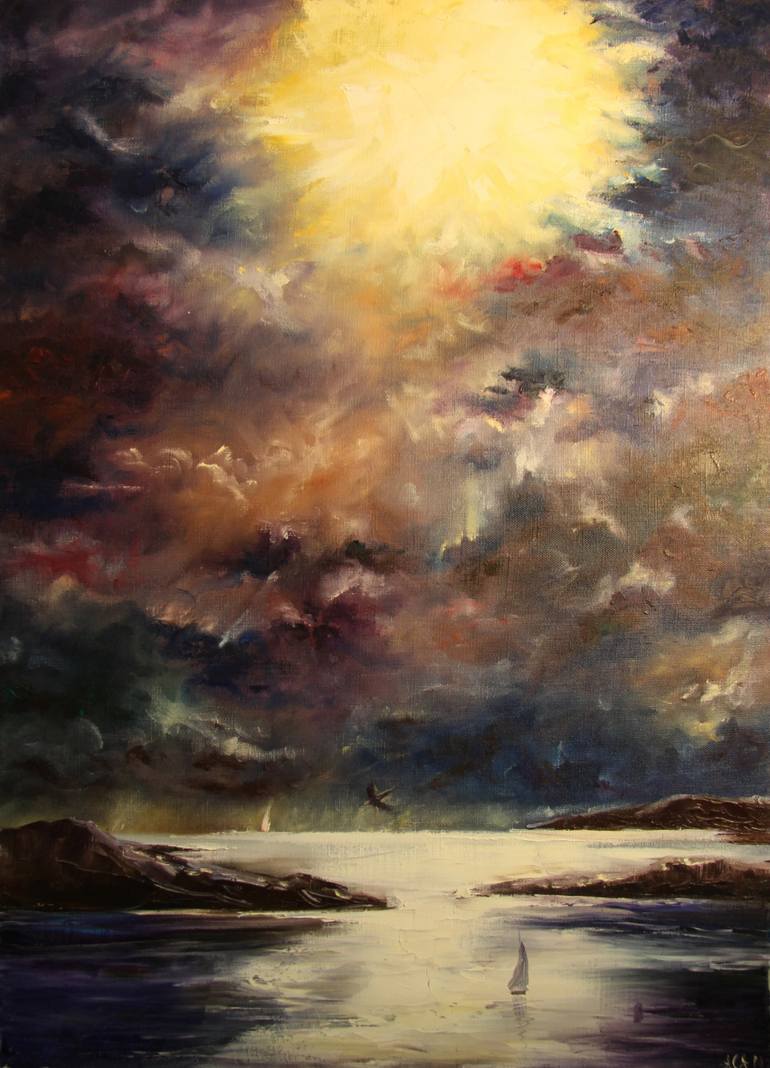 Magical night with a huge moon over the river Painting by Anna Sergeeva ...