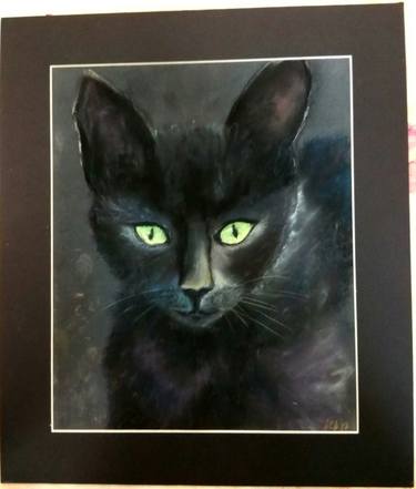 Drawing pastel black cat with green eyes thumb