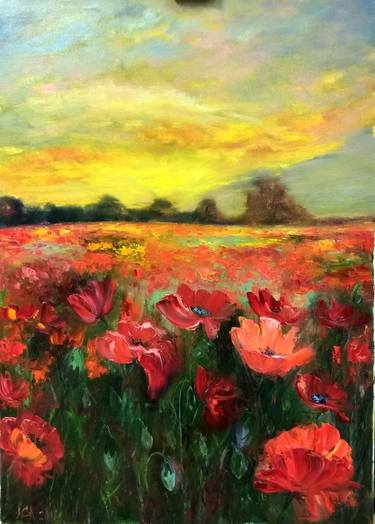 Oil painting on canvas with a bright sunset over the field with flowering scarlet poppies thumb
