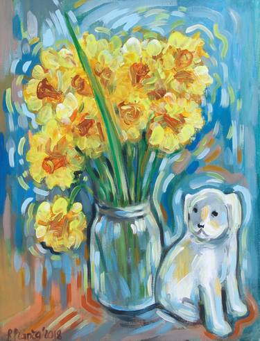 Doggy figurine with daffodils thumb