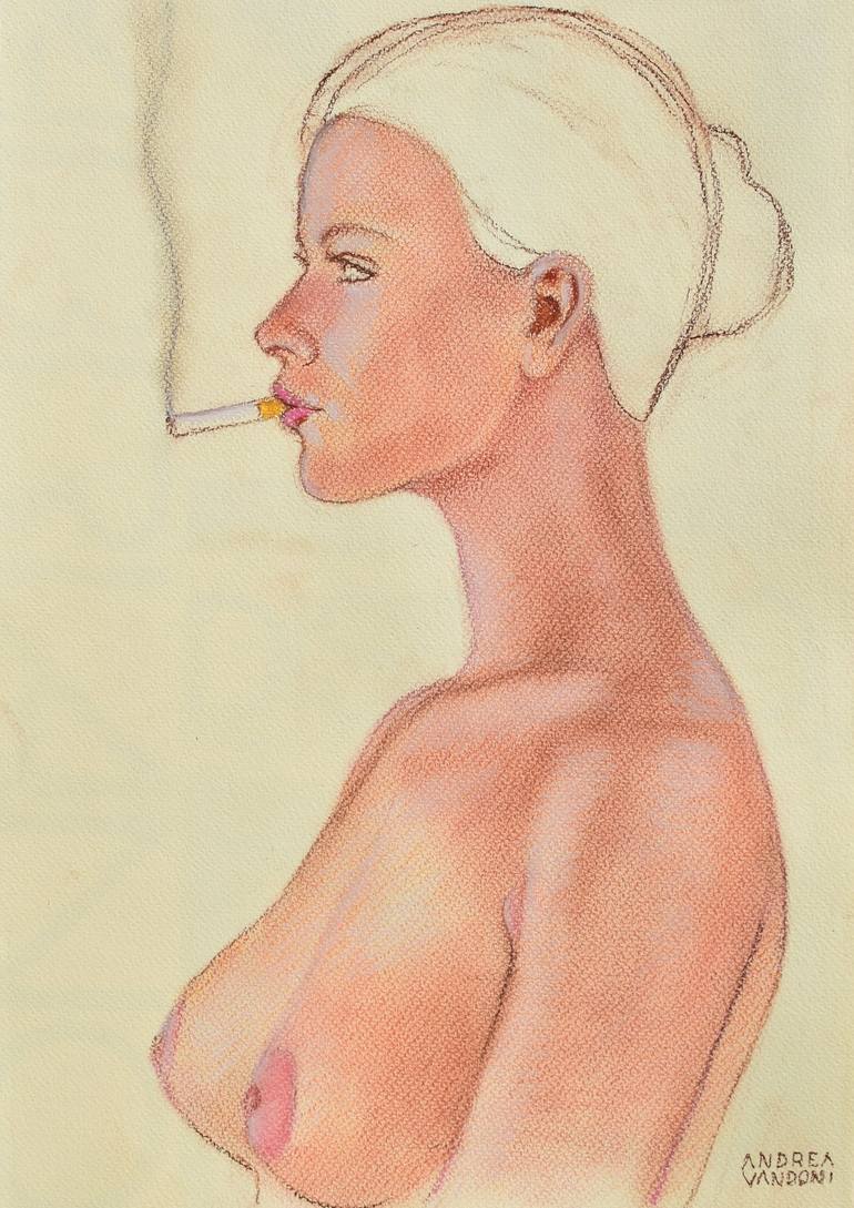 Naked Woman In Profile Smoking Drawing by Andrea Vandoni | Saatchi Art