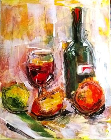 Still life with wine and fruits thumb