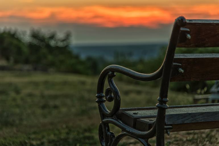 Bench at sunset Photography by Vanja Vidaković | Saatchi Art