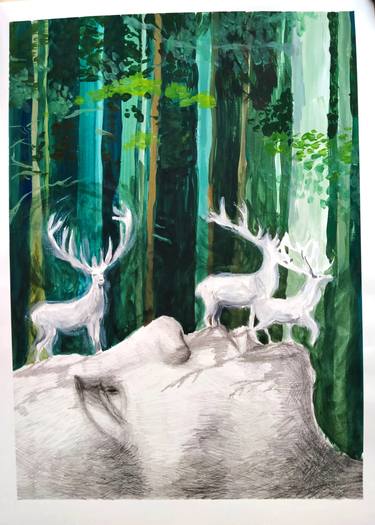 THE WHITE DEERS. DREAMY SURREALIST PORTRAIT FOREST thumb