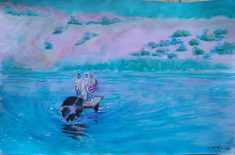 Crossing a shallow river Painting by Joseph Verdejo | Saatchi Art