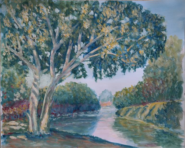 A huge tree, river and shadows Painting by Joseph Verdejo | Saatchi Art