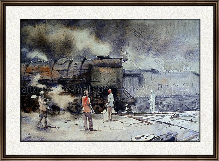 Original Impressionism Train Paintings by Kishore Pratim Biswas