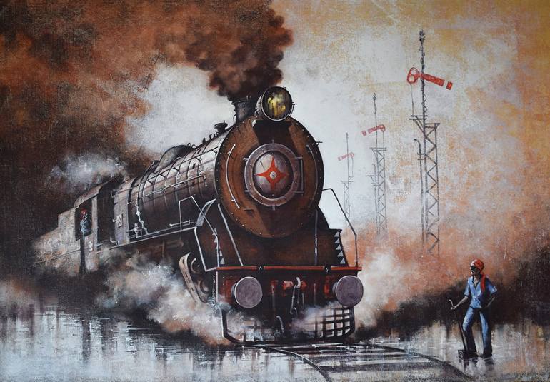 Original Impressionism Train Paintings by Kishore Pratim Biswas