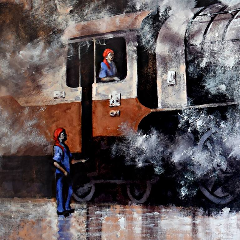 Original Impressionism Train Painting by Kishore Pratim Biswas