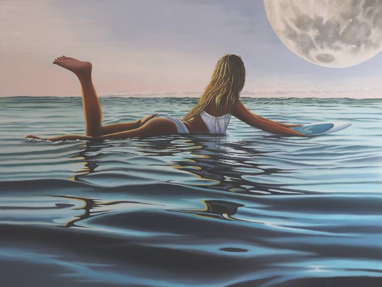 SURFING TO THE FULL MOON Art Print