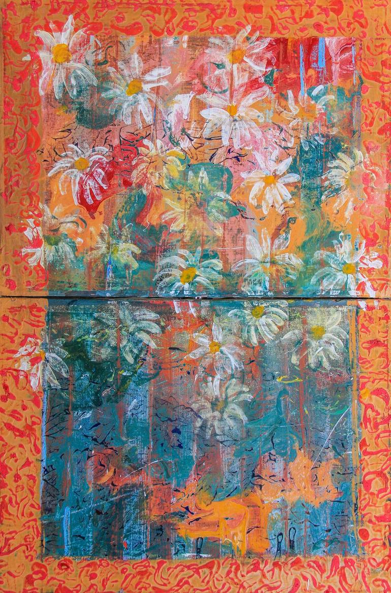 Original Floral Painting by Michael Jiroch | Abstract Art on Canvas | Bouquet of Flowers In A Gold Frame #3