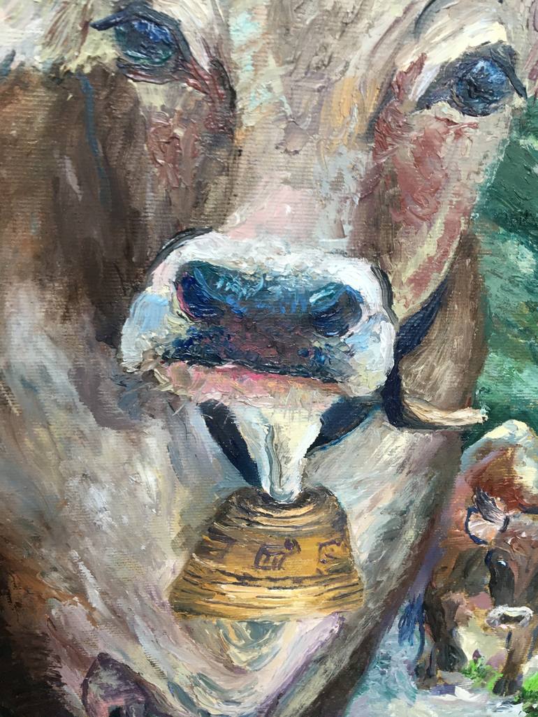 Original Impressionism Cows Painting by Olga Heimbach