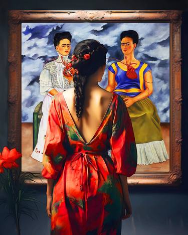 Frida Kahlo. Woman in museum art gallery with Two Fridas painting thumb