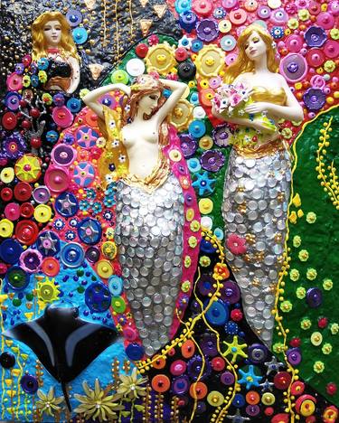 Mermaids - Wall sculpture painting Gustav Klimt style. Surrealism nude women, abstract figurative gemstones mosaic art thumb