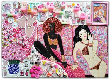 First touch - Original contemporary pink wall sculpture painting with gemstones and mosaic. Feminist women portrait. LGBTQ Pride Pop art image