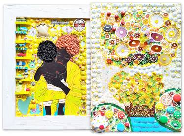 Sunny morning. Woman in window - Mosaic 3D painting wall art sculpture. Black woman with child. Woman portrait, afro mother / mom and daughter / son. African American art gift for woman gift for mom. Naive art nursery decor, Fine art thumb