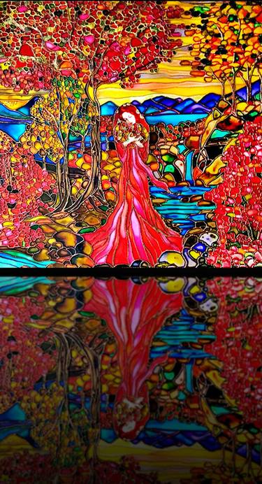 Stained glass wall sculpture. Beautiful woman portrait, fairy autumn forest. Female wall art, colorful vivid red artwork for living room home decor. Impressionism landscape art. Glass thumb